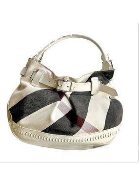 Auth Burberry Bag Grey White Mega Check Canvas Nova Check Leather Buckle Hobo